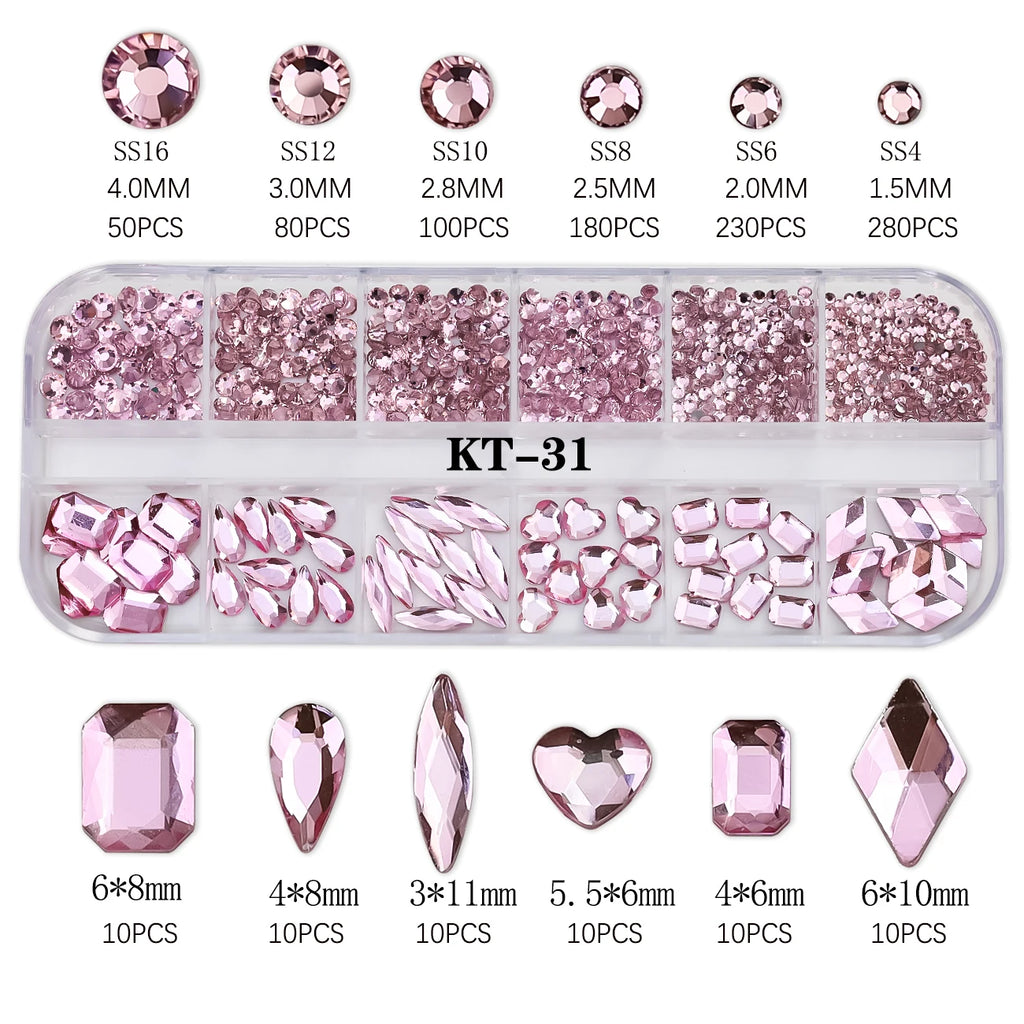 Sparkle Crystal Nail Rhinestones – Mixed Shape Flatback Gems, 12 Grids