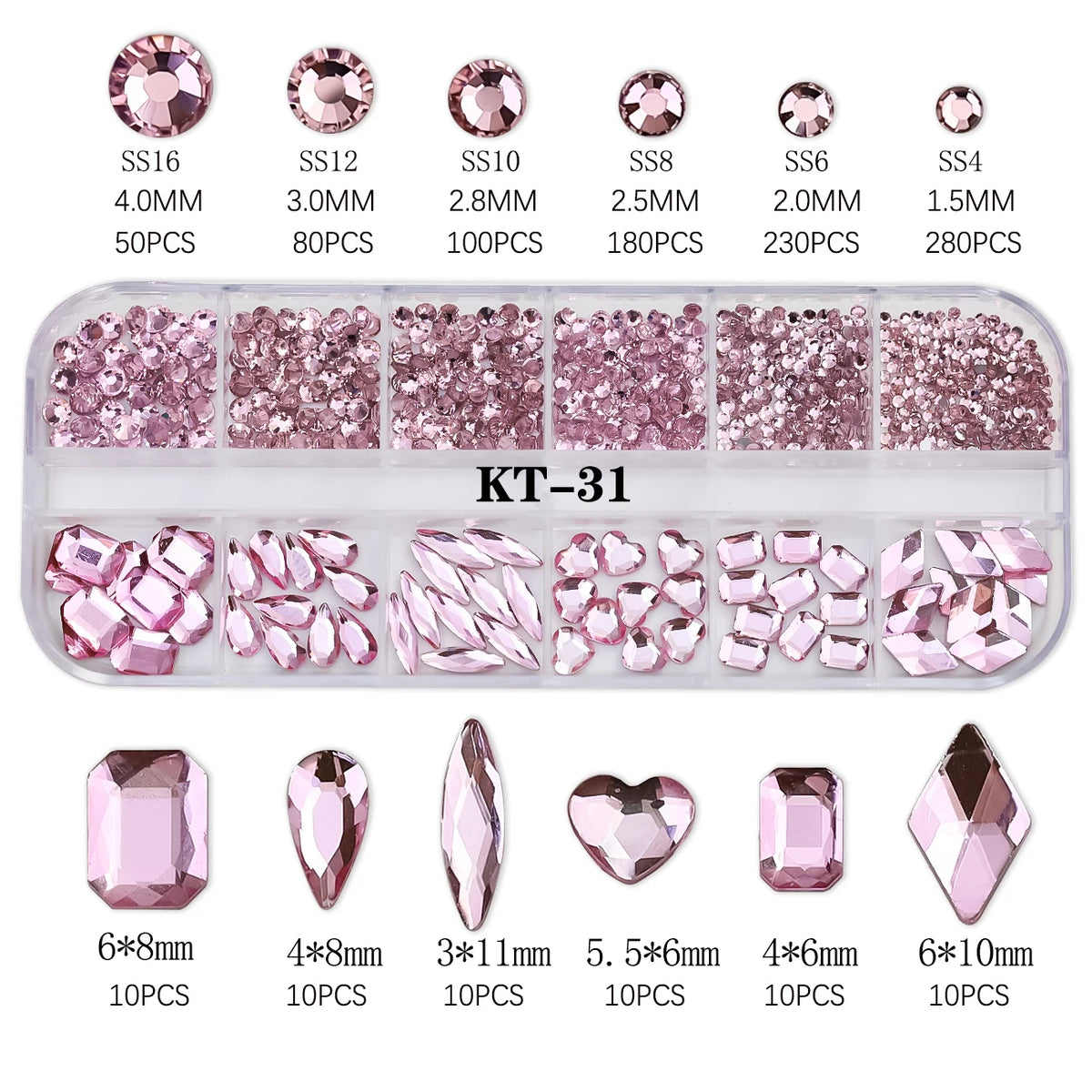 Sparkle Crystal Nail Rhinestones – Mixed Shape Flatback Gems, 12 Grids