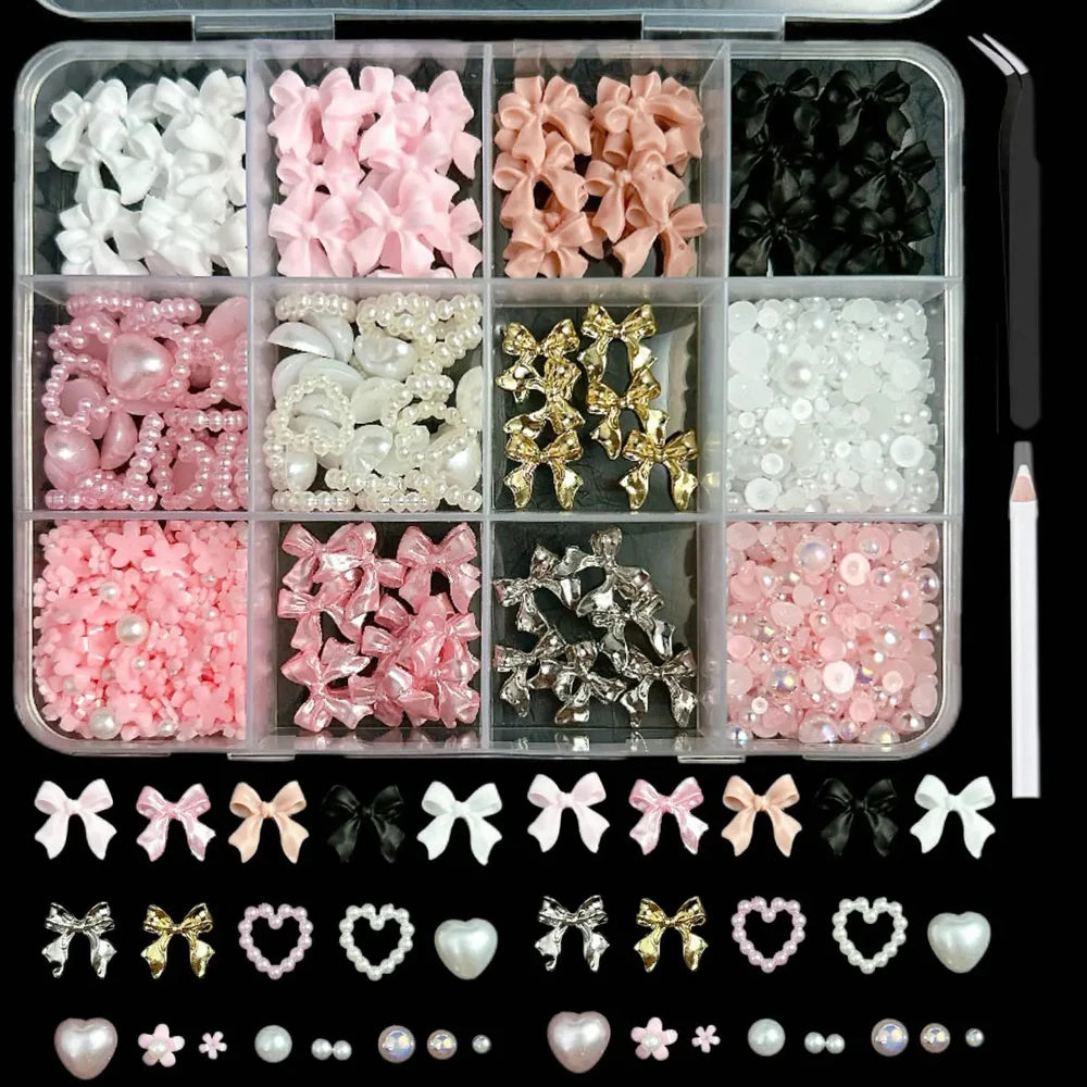 MAFANAILS 3D Resin Bowknot Pearl Nail Charms – Y2K Heart & Flower Decor, 12 Grids