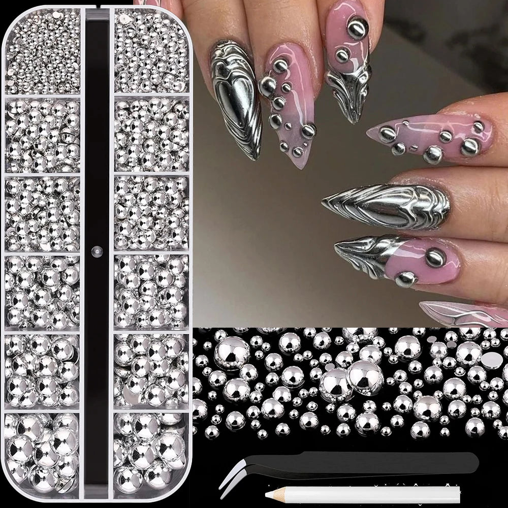 HotPress Silver Half Round Caviar Bead Nail Rhinestones – Flatback Pearl & Alloy Ball Set, 12 Grids