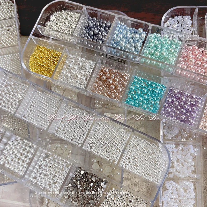 12-Grid Round Pearl Nail Charms – Caviar Bead & Pearl Gem Decor Set