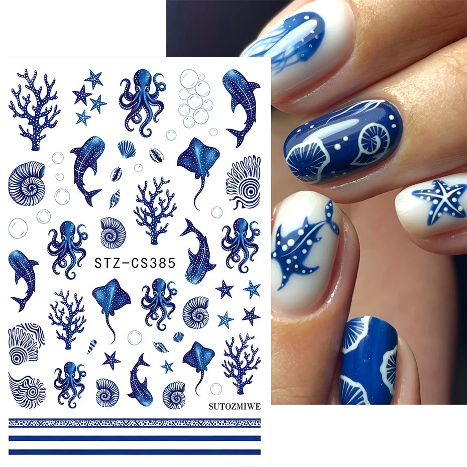 Blue Ocean Nail Art Stickers – Whale, Octopus & Starfish Decals, 2 Pieces