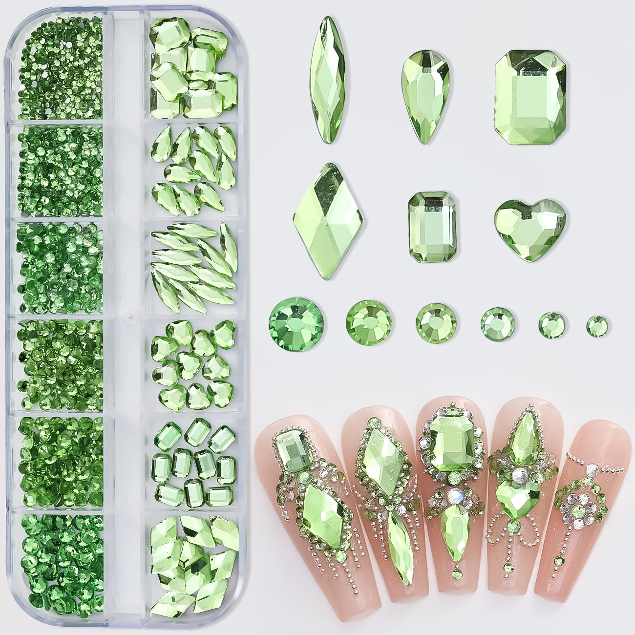 Sparkle Crystal Nail Rhinestones – Mixed Shape Flatback Gems, 12 Grids