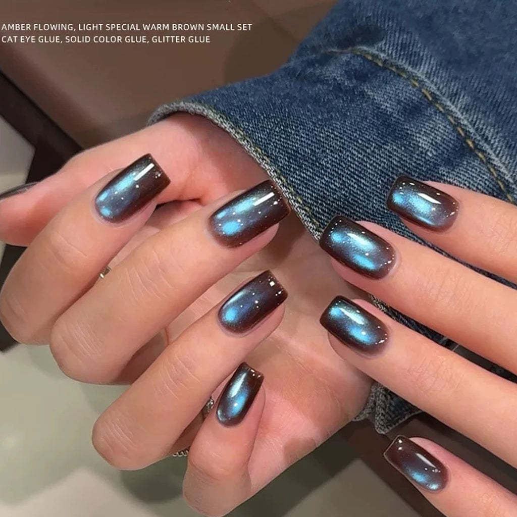 SHAKA 1-10pcs Summer Whitening Blue Temperament Glass Bead Cat Eye Gel Nail Polish Brown Blue Cat Eye Nail Art Nail Supplies