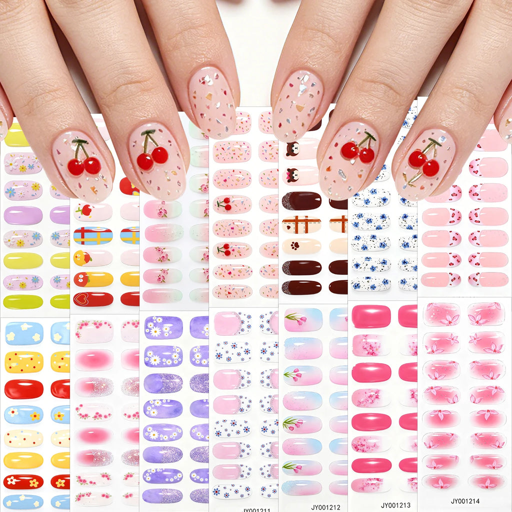 16-Tip Floral Full-Cover Nail Wraps – Daisy, Cherry & Tulip Gel Stickers