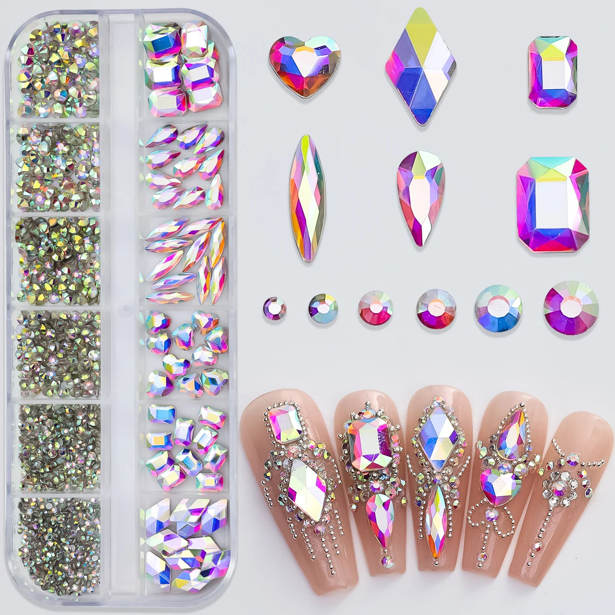 Sparkle Crystal Nail Rhinestones – Mixed Shape Flatback Gems, 12 Grids