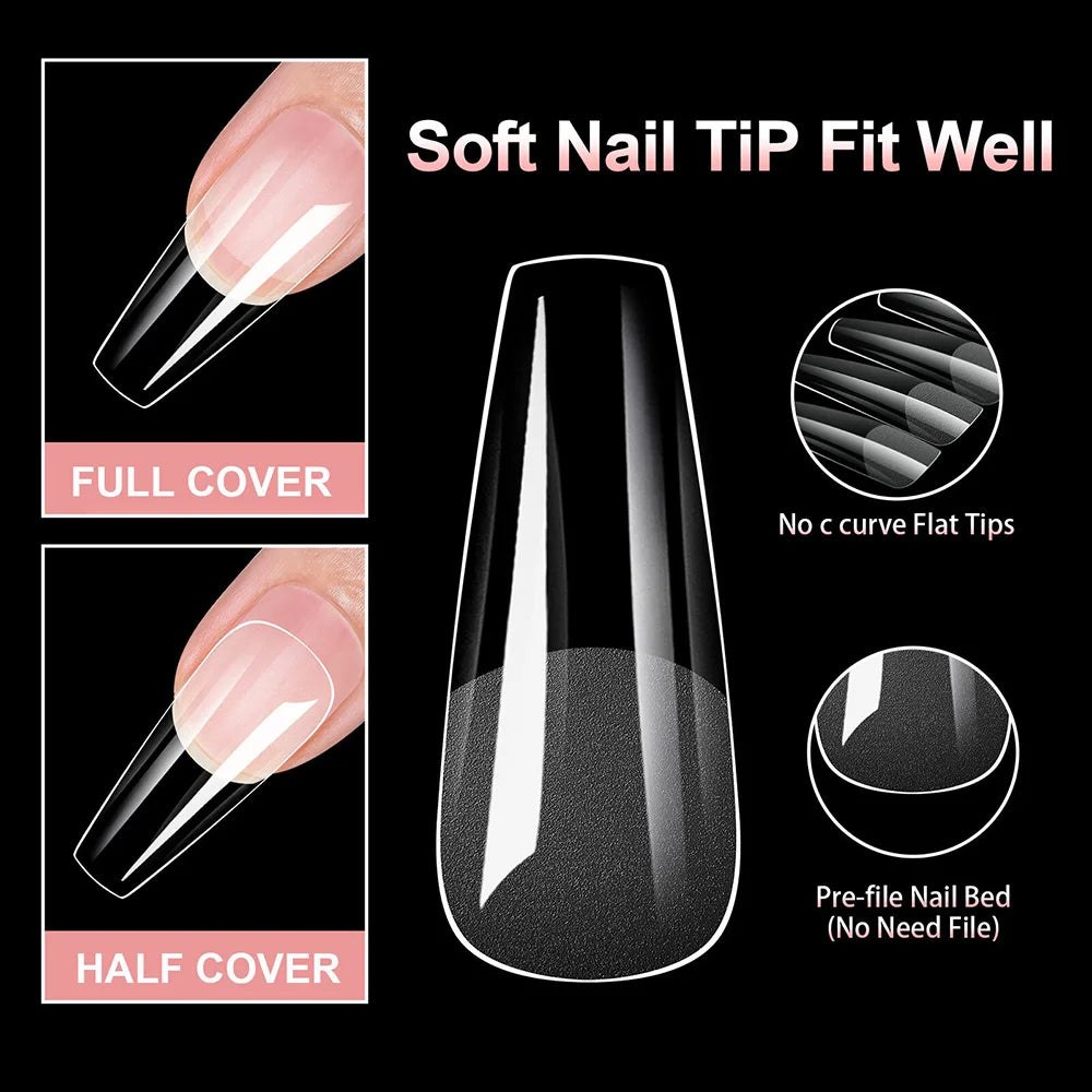 Coffin Press-On Nail Tips – Clear Full Cover Long Ballerina, 100 Pieces