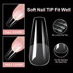 Coffin Press-On Nail Tips – Clear Full Cover Long Ballerina, 100 Pieces