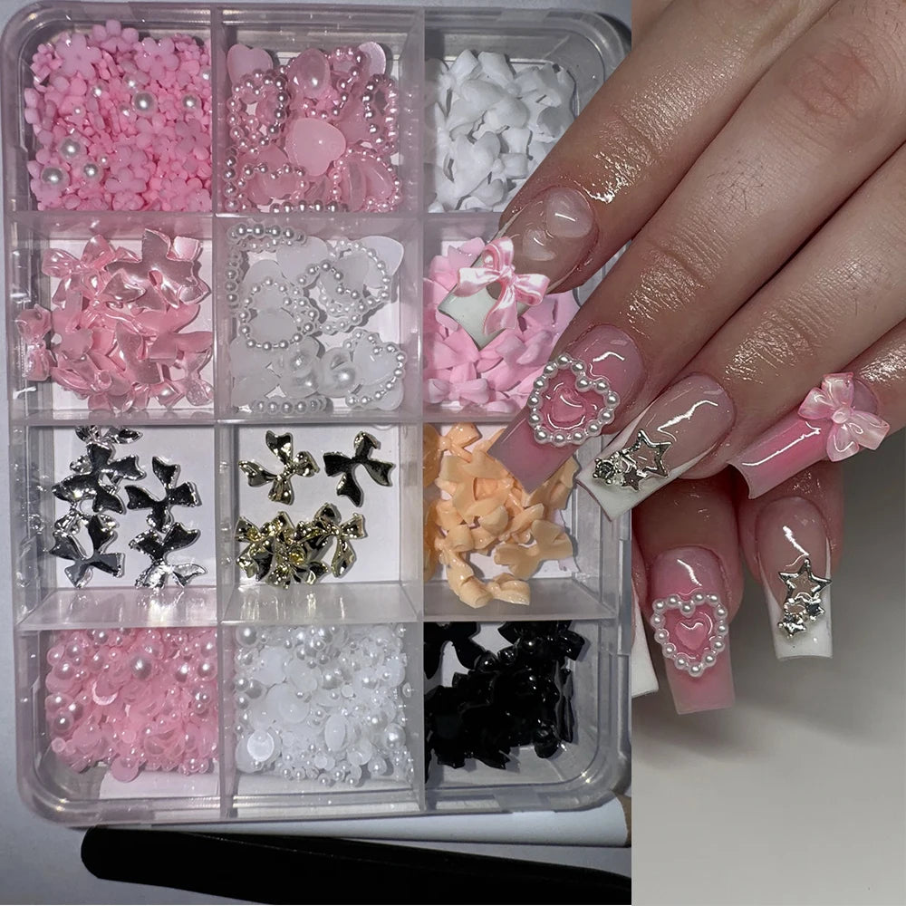 MAFANAILS 3D Resin Bowknot Pearl Nail Charms – Y2K Heart & Flower Decor, 12 Grids