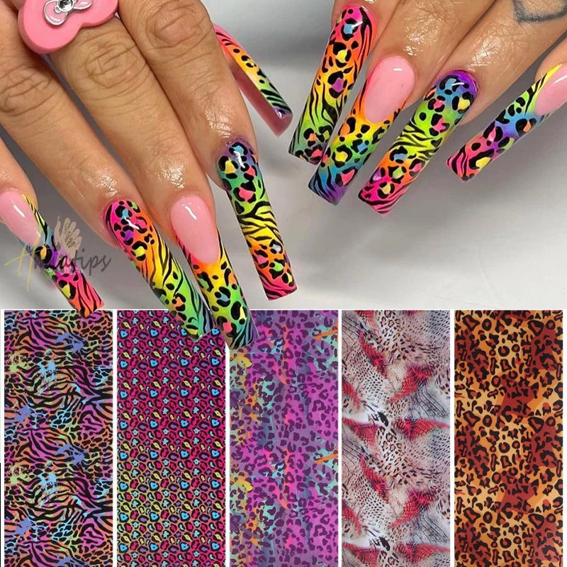 Leopard Print Nail Transfer Paper Set – Animal Pattern Foil Decals, 10 Rolls