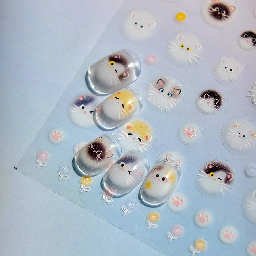 NAILFYOU 5D Kawaii Pompom Cat Nail Stickers – Japanese Floral Decals