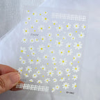 5D White Daisy Nail Art Stickers – Embossed Floret & Leaf Decals