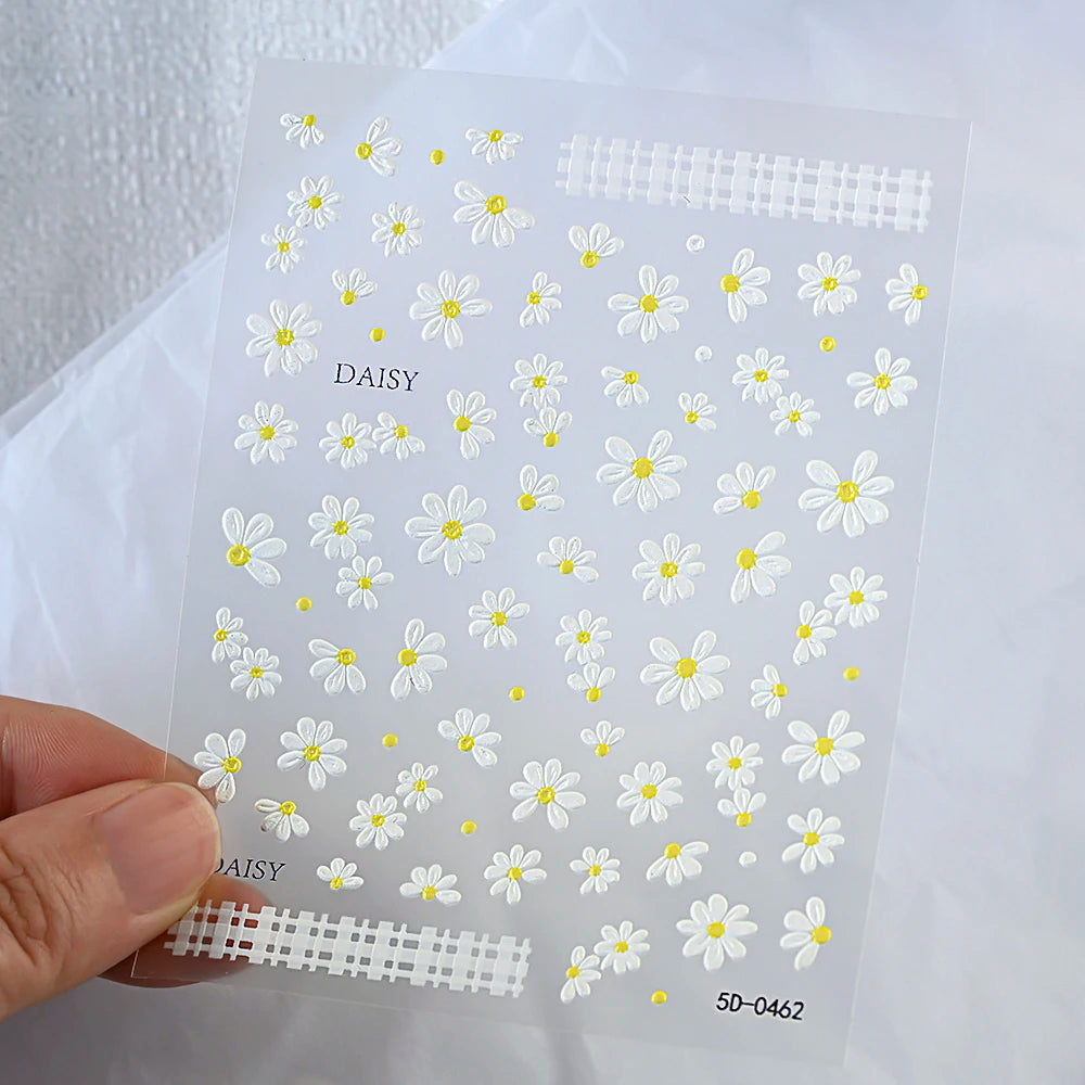 5D White Daisy Nail Art Stickers – Embossed Floret & Leaf Decals