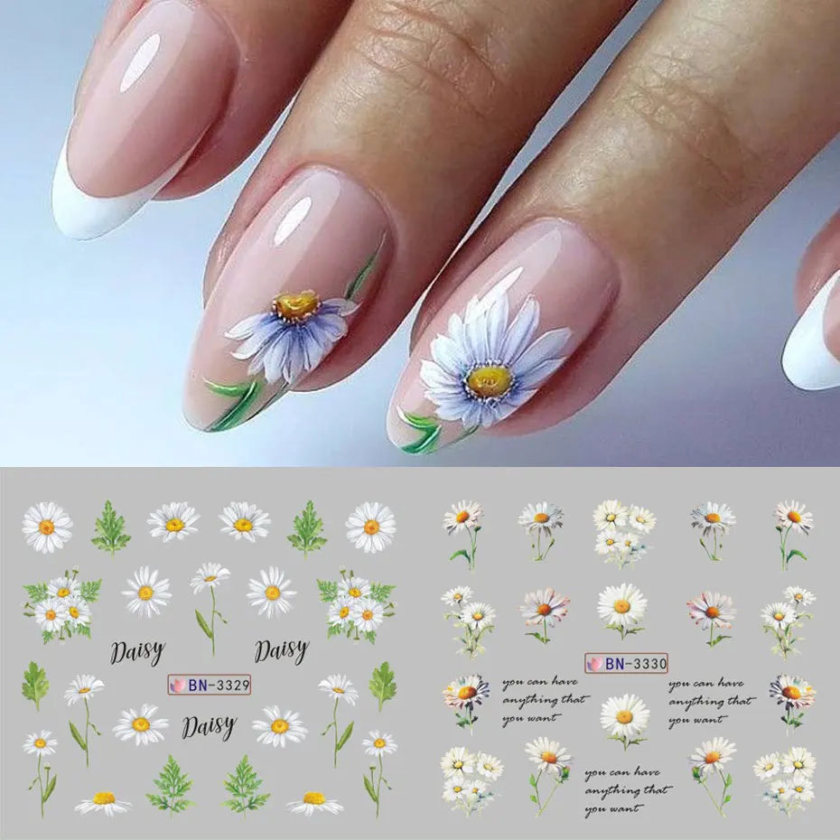 12-Style Daisy Flower Nail Water Sticker Set – Cute Summer Floral Decals