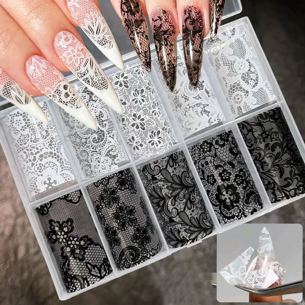 MAFANAILS Black & White Lace Nail Transfer Stickers – Sexy Flower Lace Foils, 10 Rolls