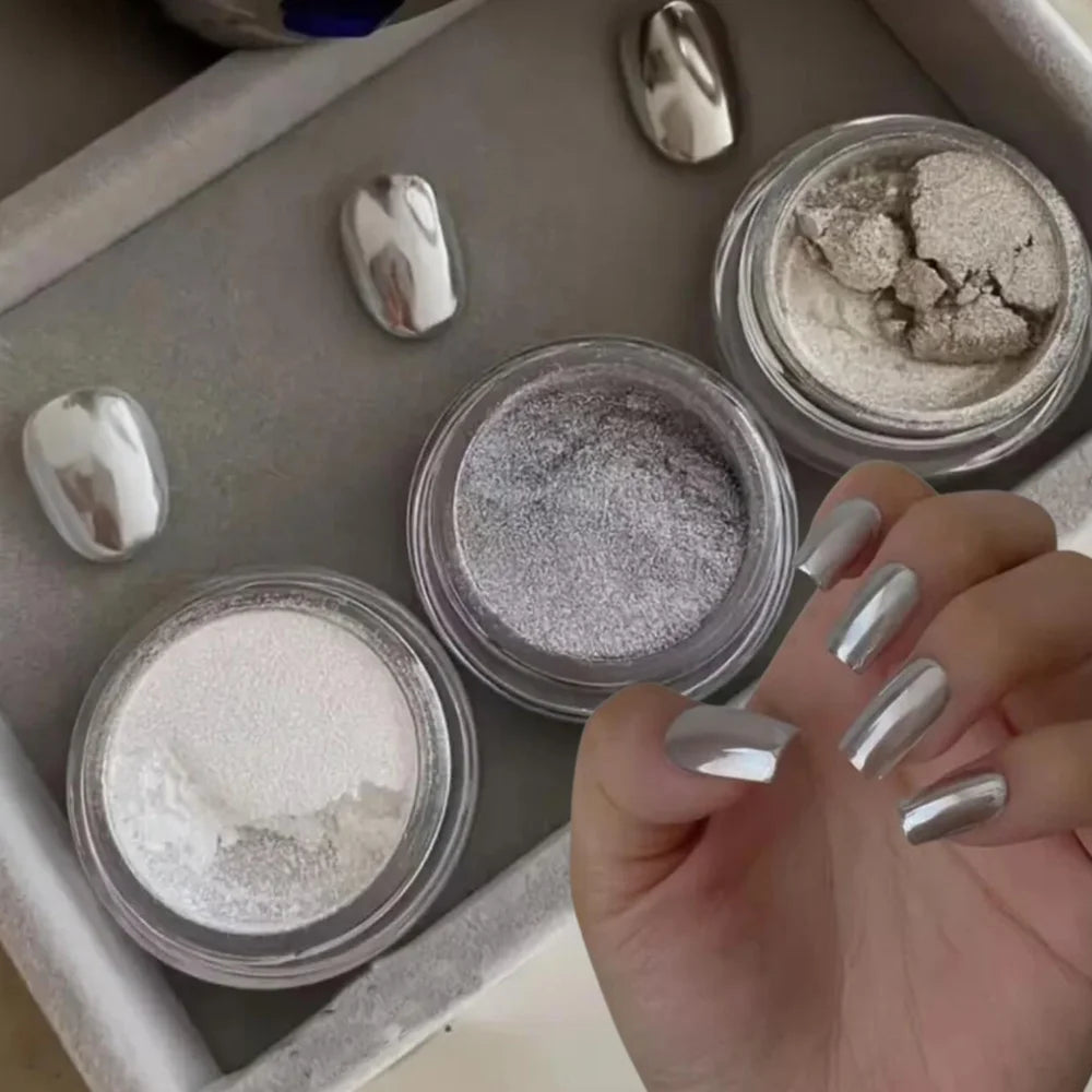 HotPress Silver White Aurora Mirror Chrome Nail Powder – High-Gloss Pigment