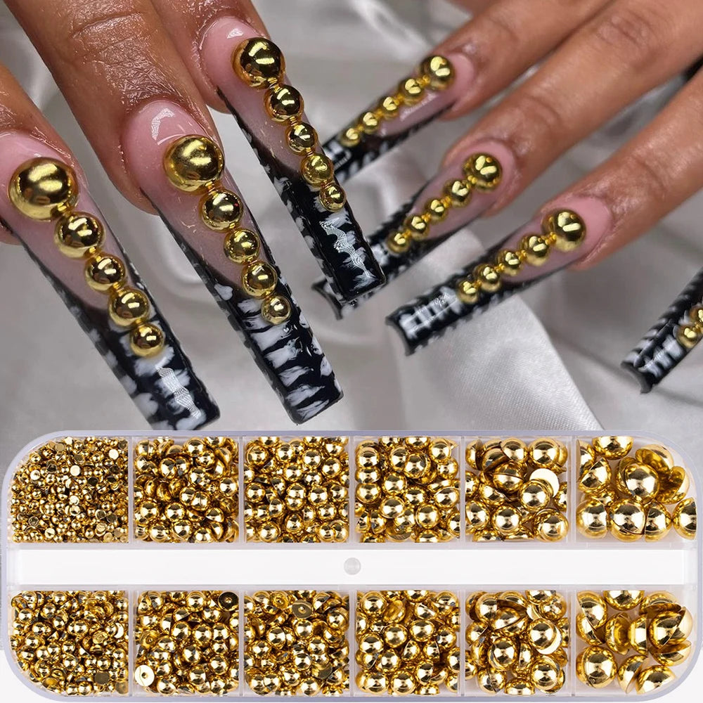 HotPress Gold Half Round Pearl Nail Accessories – 6-Size Metal Caviar Bead Set