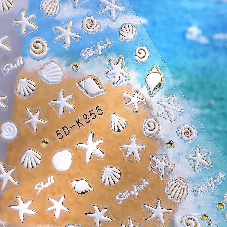 Summer Ocean Embossed Nail Art Stickers - Shell Starfish Floral Self-Adhesive Nail Decals, 3D Textured DIY Nail Decorations for