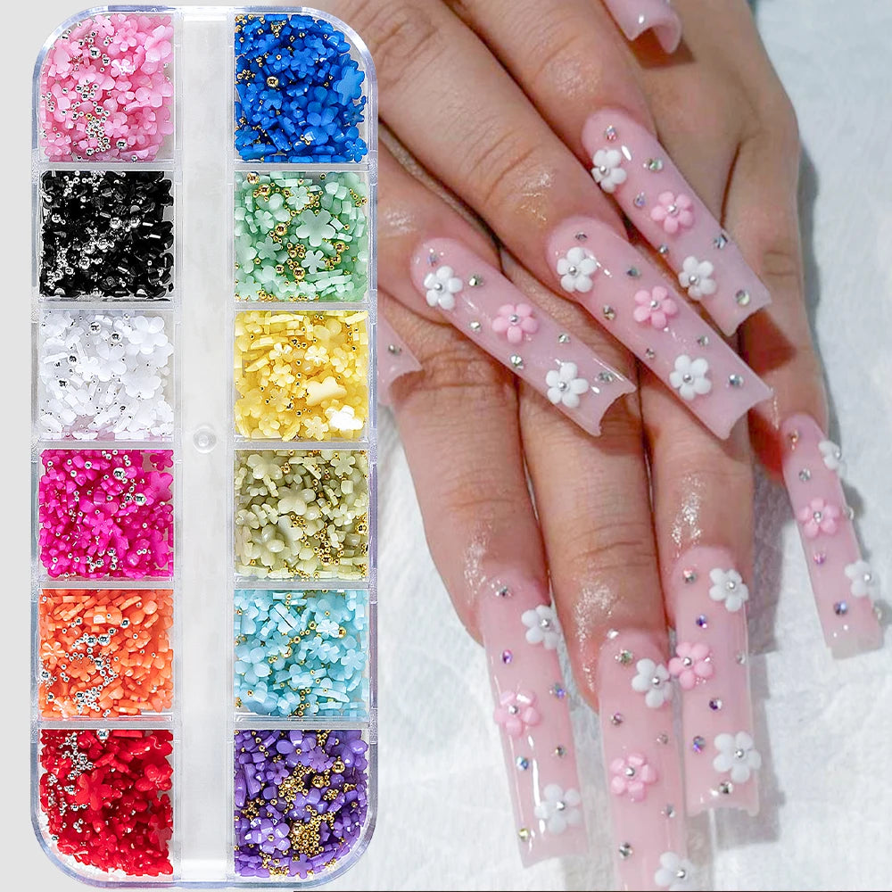 MingLee 3D Pastel Acrylic Flower Nail Charms – Gold & Silver Caviar Bead Set