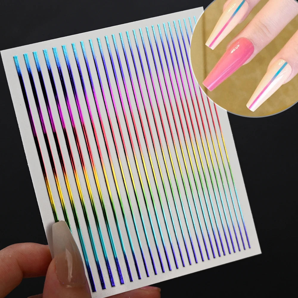 MAFANAILS 3D Metallic Laser Line Nail Stickers – Gold & Silver Striped Decals