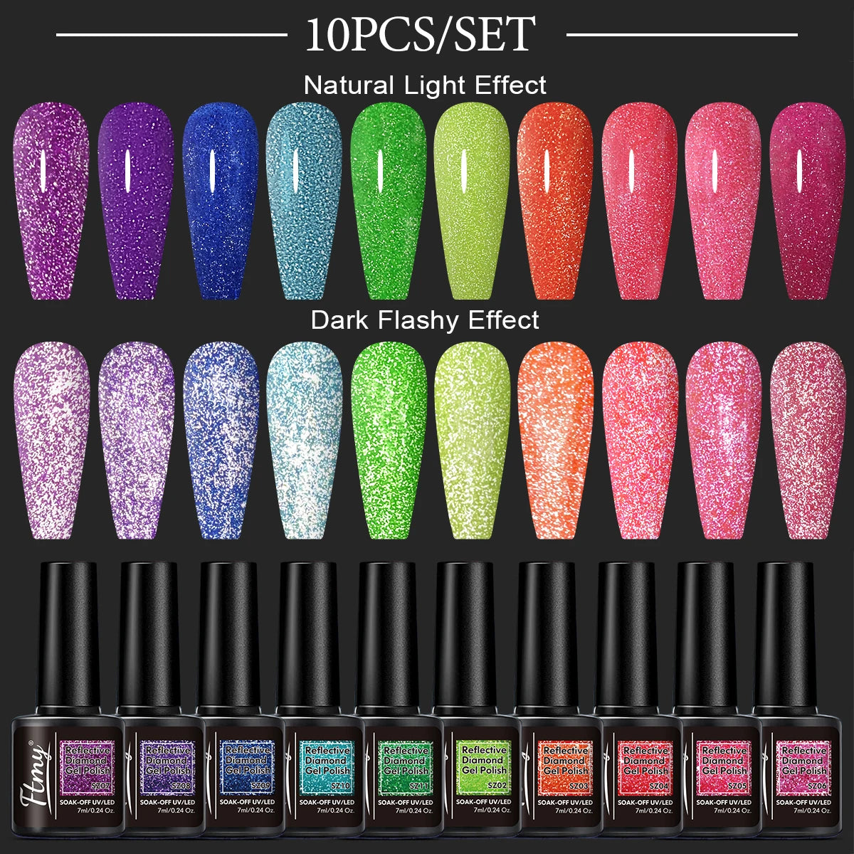 Set of 10 Glitter Gel Nail Polish Set - Shiny, Long-lasting UV-absorbing Varnish for Hands and Feet, Fragrance-free, Flaky, Nail