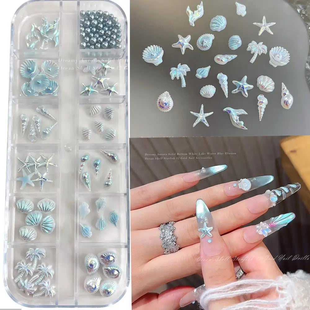 MAFANAILS 3D Ocean Style Nail Charms – Blue Shell, Starfish & Conch, 12 Grids