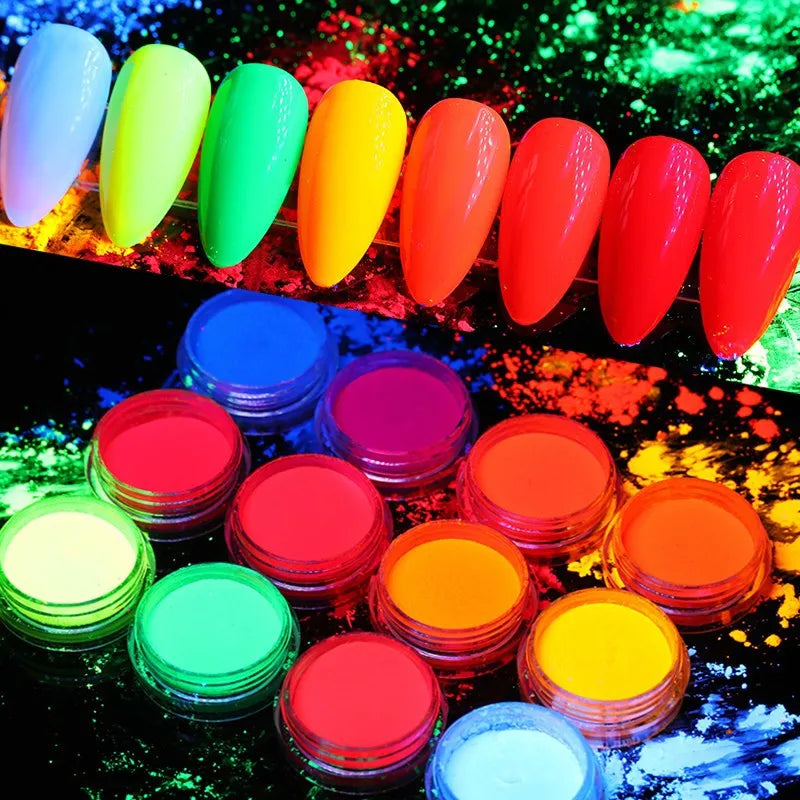 12 Color Neon Pigment Powder Fluorescent Nail Glitter Shinny Ombre Chrome Dust DIY Polish Manicure For Nails Art Decoration Kit