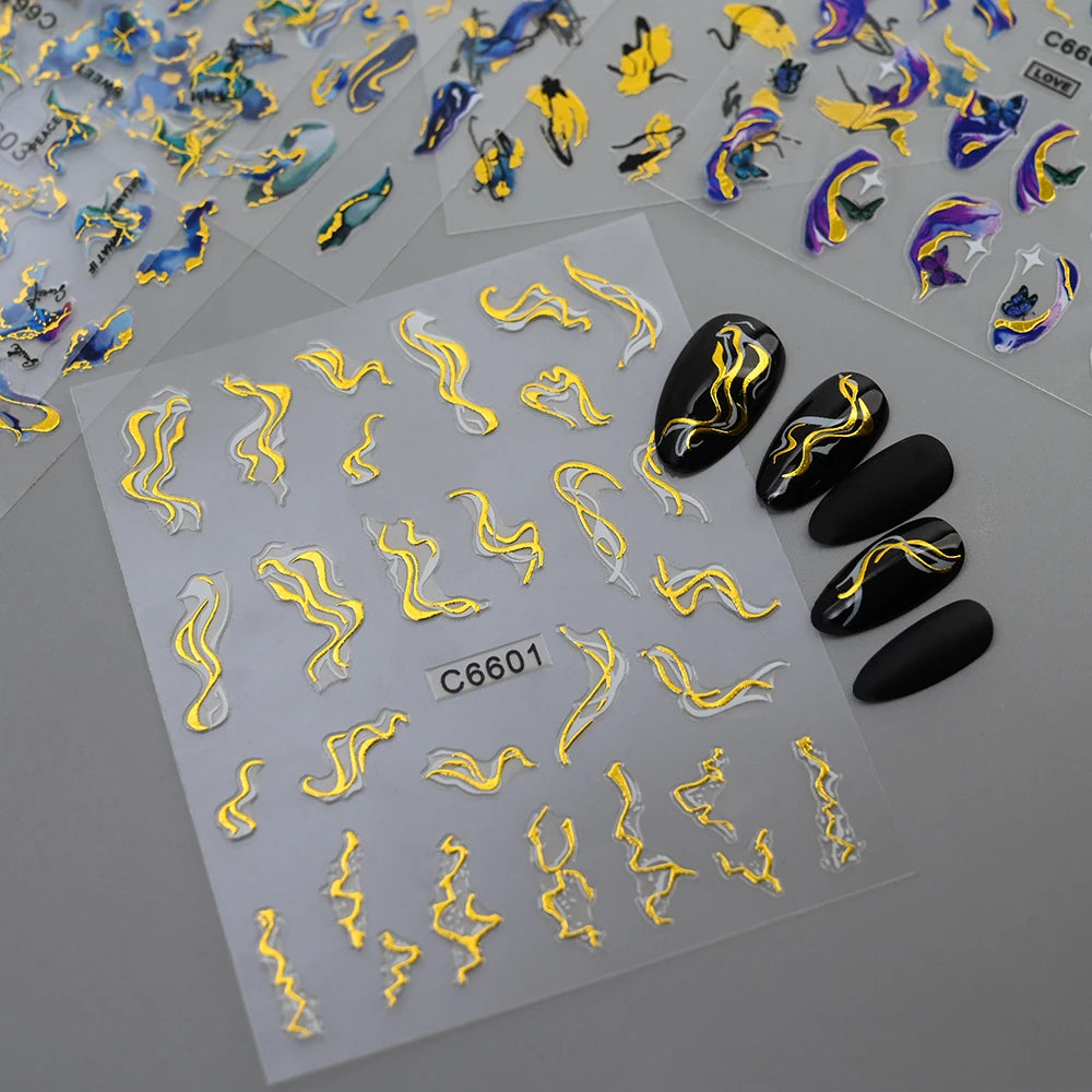 MingLee Golden Blue Marble Nail Stickers – Ocean Wave & Smoke Ink Decals, 12 Sheets