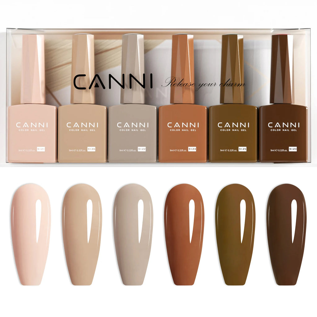 CANNI NEW 6pcs/Lot HEMA TPO FREE Gel Polish Permanent Nail Varnish Set Long Lasting Manicure Base Top Coat Gel Pink Nude Color
