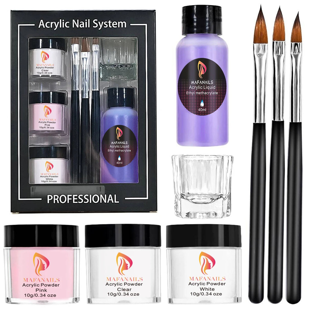 MAFANAILS Crystal Powder Set – Acrylic Powder, Monomer & Brush Kit, 8pcs