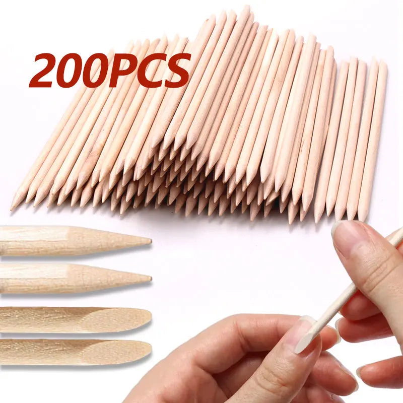 Orange Wood Nail Pusher Sticks – Dual-Head Cuticle & Rhinestone Dotting Tool