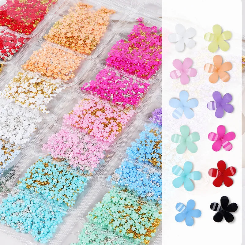 MAFANAILS 3D Acrylic Flower Nail Charms – Mixed Gold Bead & Pearl Set, 1000+pcs
