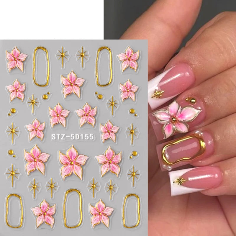 5D Floral Embossed Nail Stickers Bronzing Hibiscus Flower Petals Star Frame Elegant Nail Art Decals for Spring Summer Decor