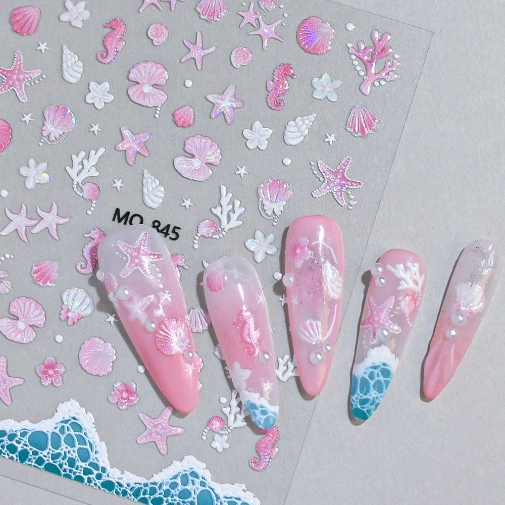 Holographic 3D Ocean Nail Art Stickers – Shell & Starfish Seaside Decals, 3 Sheets