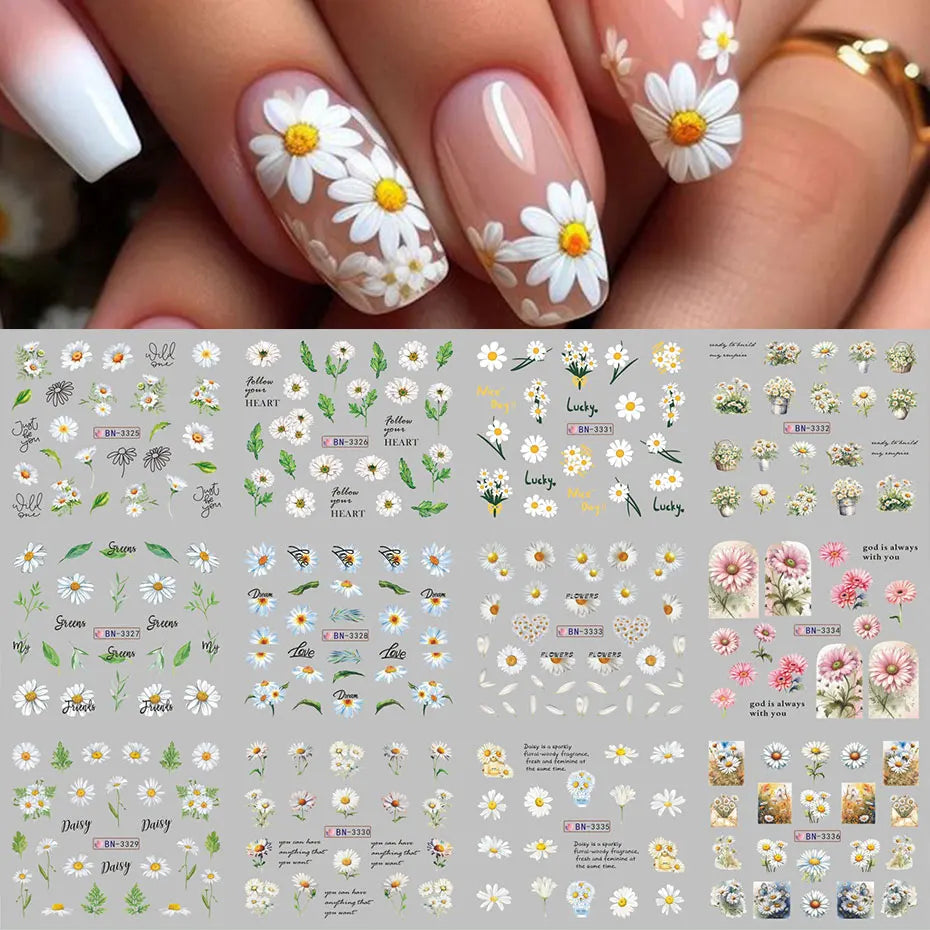 12-Style Daisy Flower Nail Water Sticker Set – Cute Summer Floral Decals