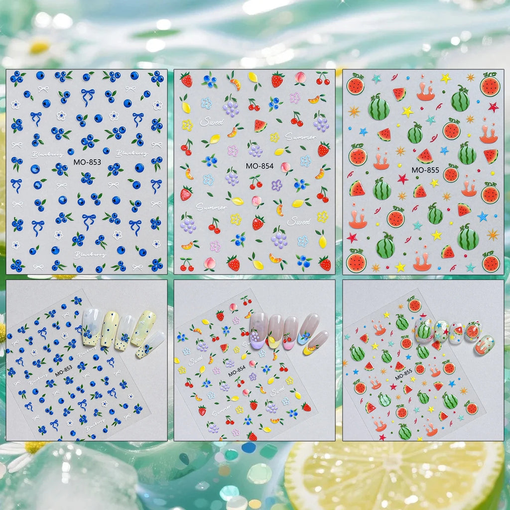 5D Fruit Nail Stickers – Blueberry, Strawberry & Watermelon Summer Decals