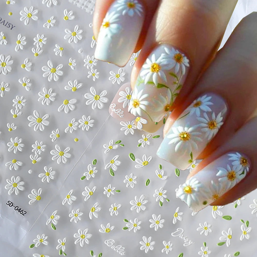 5D White Daisy Nail Art Stickers – Embossed Floret & Leaf Decals