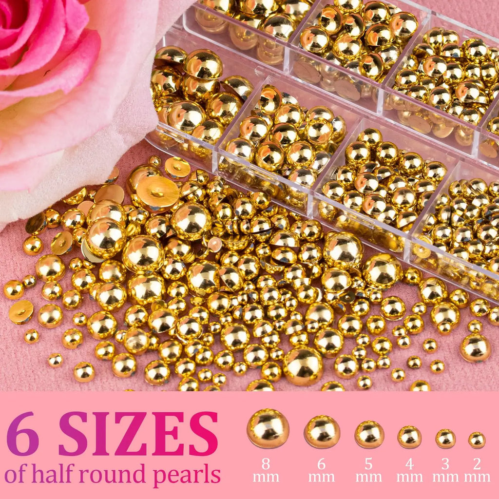 HotPress Gold Half Round Pearl Nail Accessories – 6-Size Metal Caviar Bead Set