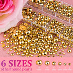 HotPress Gold Half Round Pearl Nail Accessories – 6-Size Metal Caviar Bead Set