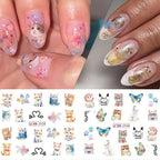 Full Beauty Cute Cat Nail Water Stickers – Kawaii Watercolor Cartoon Decals, 12pcs