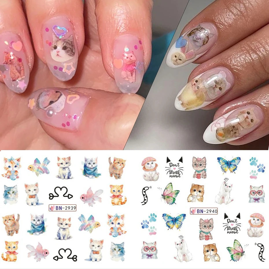 Full Beauty Cute Cat Nail Water Stickers – Kawaii Watercolor Cartoon Decals, 12pcs