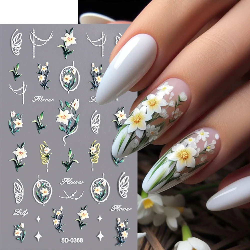 MingLee 5D Embossed Sakura Flower Nail Stickers – Lavender, Rose & Leaf Decals