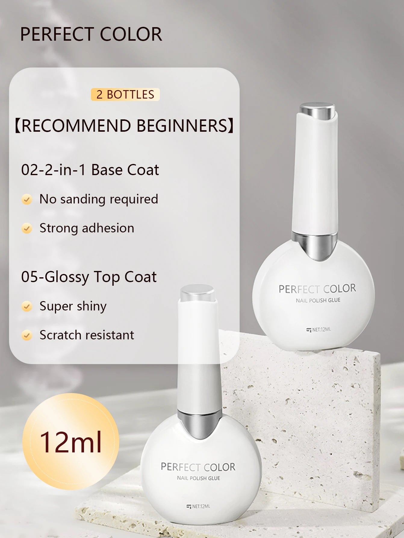 PERFECT COLOR Gel Nail Polish Top & Base Coat Set – Silky Base, Glossy No-Wipe Top