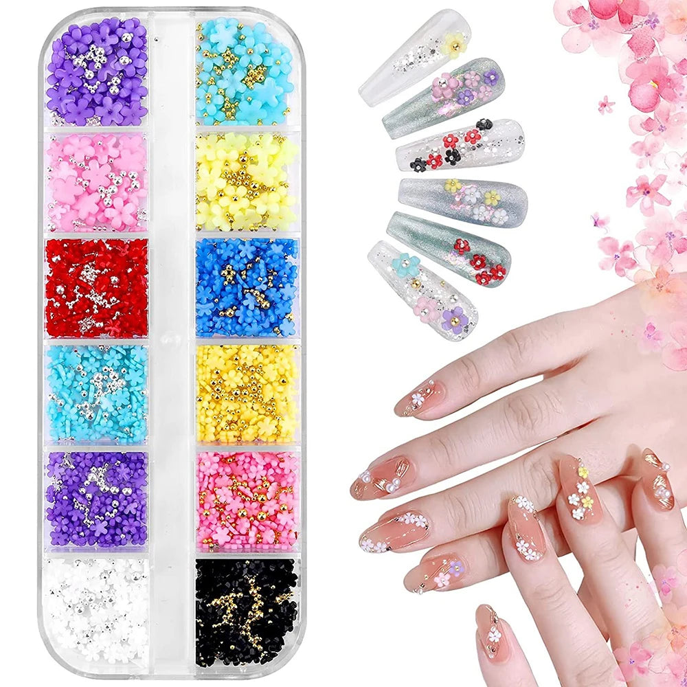 MingLee 3D Pastel Acrylic Flower Nail Charms – Gold & Silver Caviar Bead Set