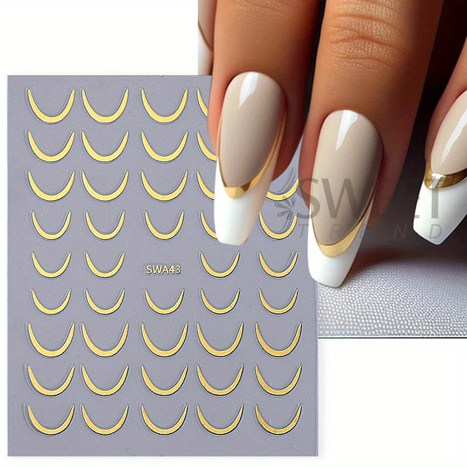 Gold & Silver French Curve Stripe Nail Stickers – Simple Swirl Line Tape