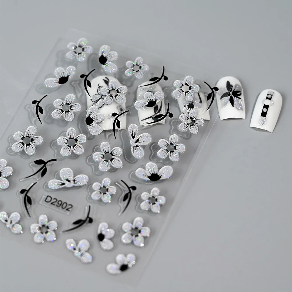 5D Glitter Silver Black Flower Nail Stickers – Embossed Floral Transfer Decals