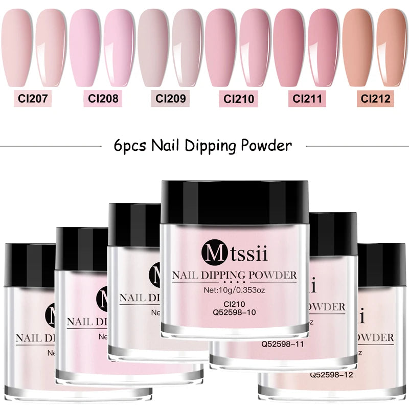 6pcs 10g Nail Dipping Powder Set Natural Dry No Lamp Cure Nail Art Decoration Nail Glitter Pigment Dust Powder Nail Supplies DIY