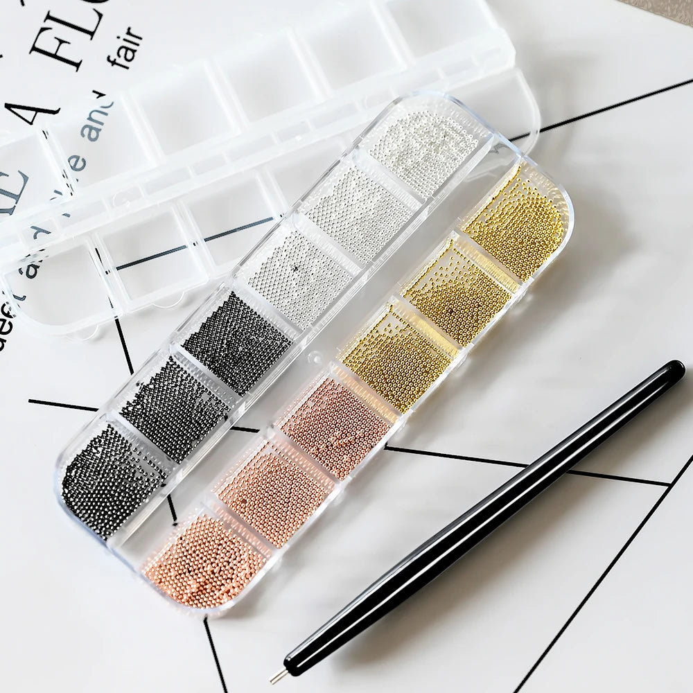 MAFANAILS Mini Caviar Bead Nail Charms with Magnetic Pen – Gold & Silver Steel Beads