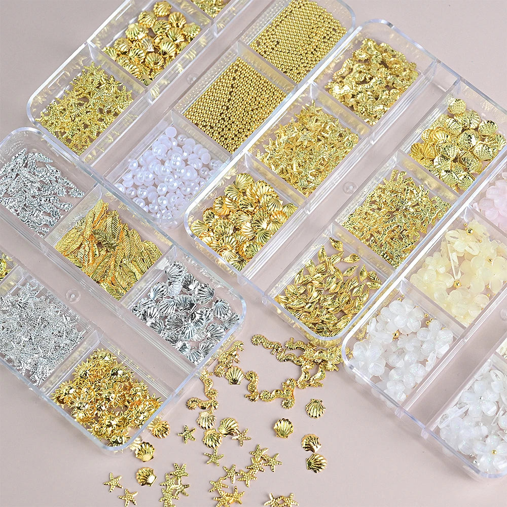 MAFANAILS Metal Summer Ocean Nail Art Charms – Shell, Starfish & Seahorse Studs, 6 Grids