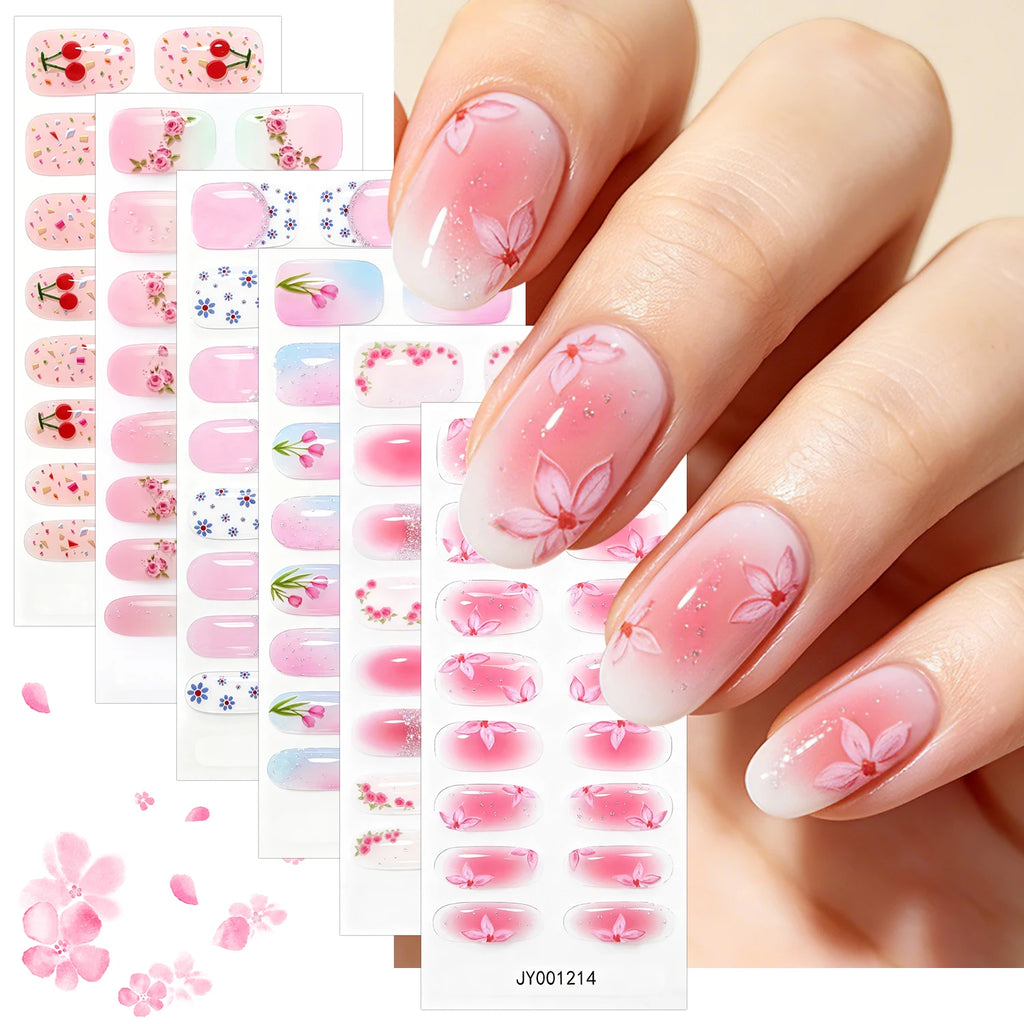 16-Tip Floral Full-Cover Nail Wraps – Daisy, Cherry & Tulip Gel Stickers